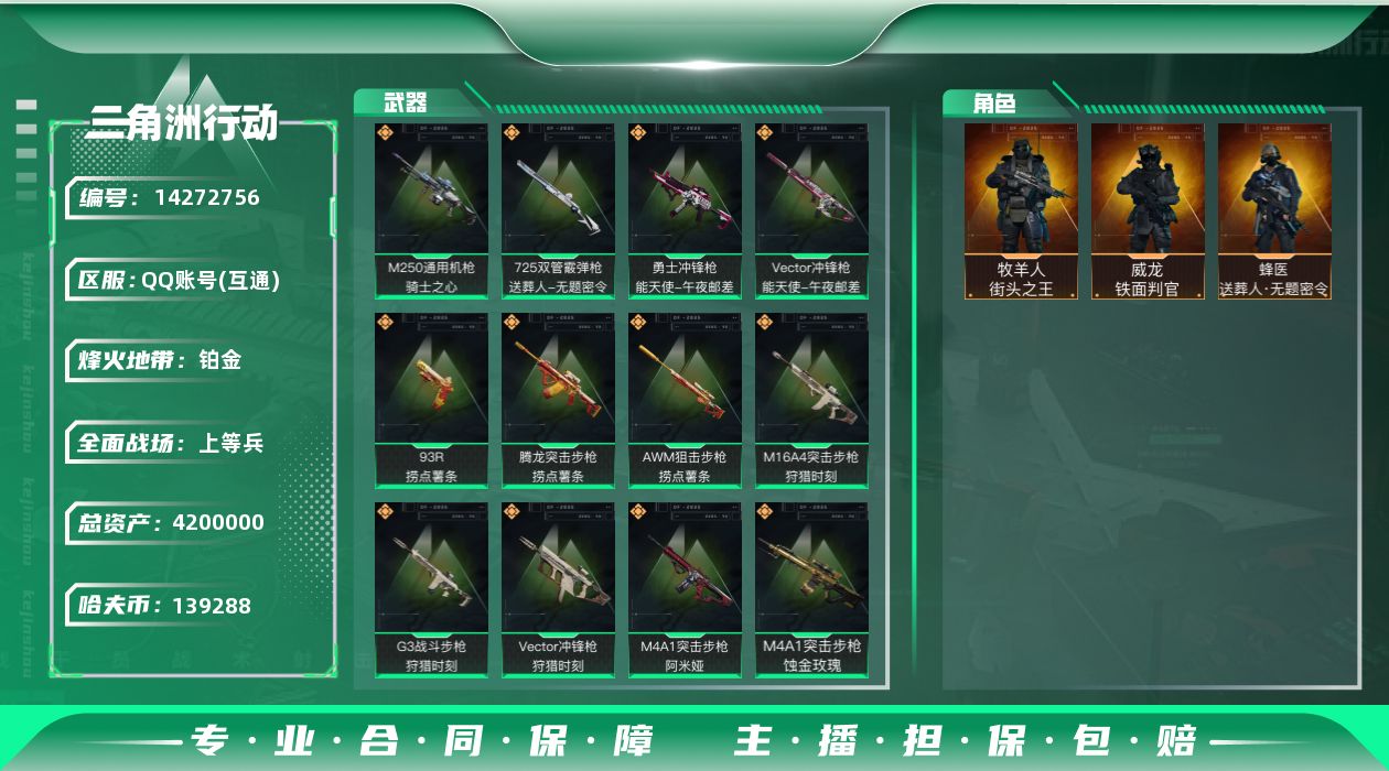 三角洲行动账号QQ[14272756]JHS2502-总资产4.5m-13w哈夫币【仓库5,体力3,耐力2】【铁面判官,街头之王,送葬人】【三角卷有1千，限时的900】