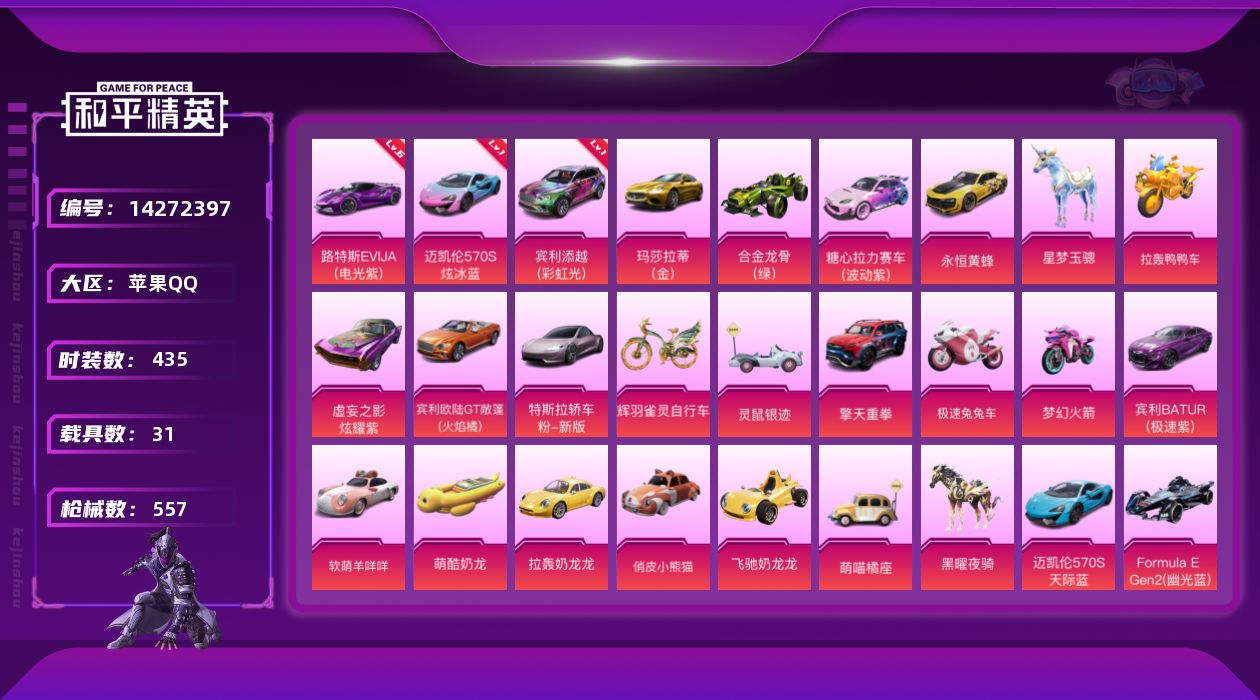 和平精英账号苹果QQ[14272397]可二次【店主推荐捡漏号！可直接换绑】/素材身法号/路特斯EVIJA（电光紫）(六级)/绝世印记3 苹果 手Q-92粉装-39特效枪-31载具-33粉色飞行器-26.8w热力值-24