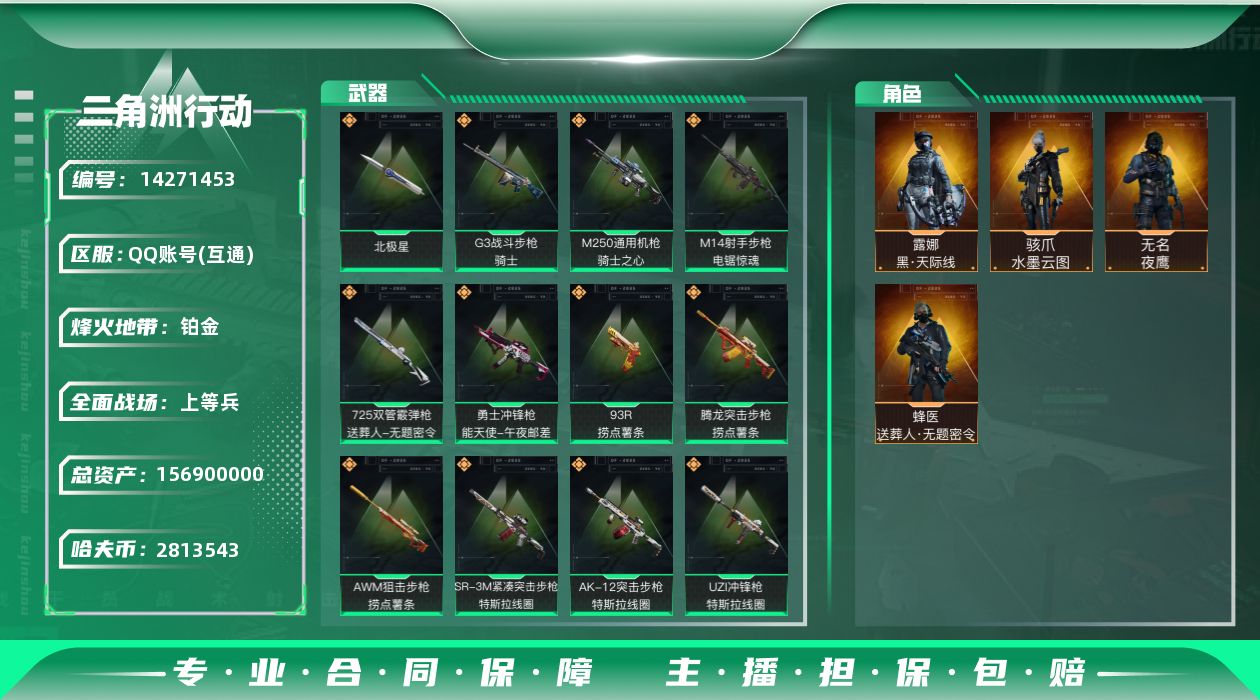 三角洲行动账号QQ[14271453]JHS2415-总资产161.1m-281w哈夫币【仓库8,体力7,耐力7】【北极星】【水墨云图,天际线,夜鹰,送葬人】