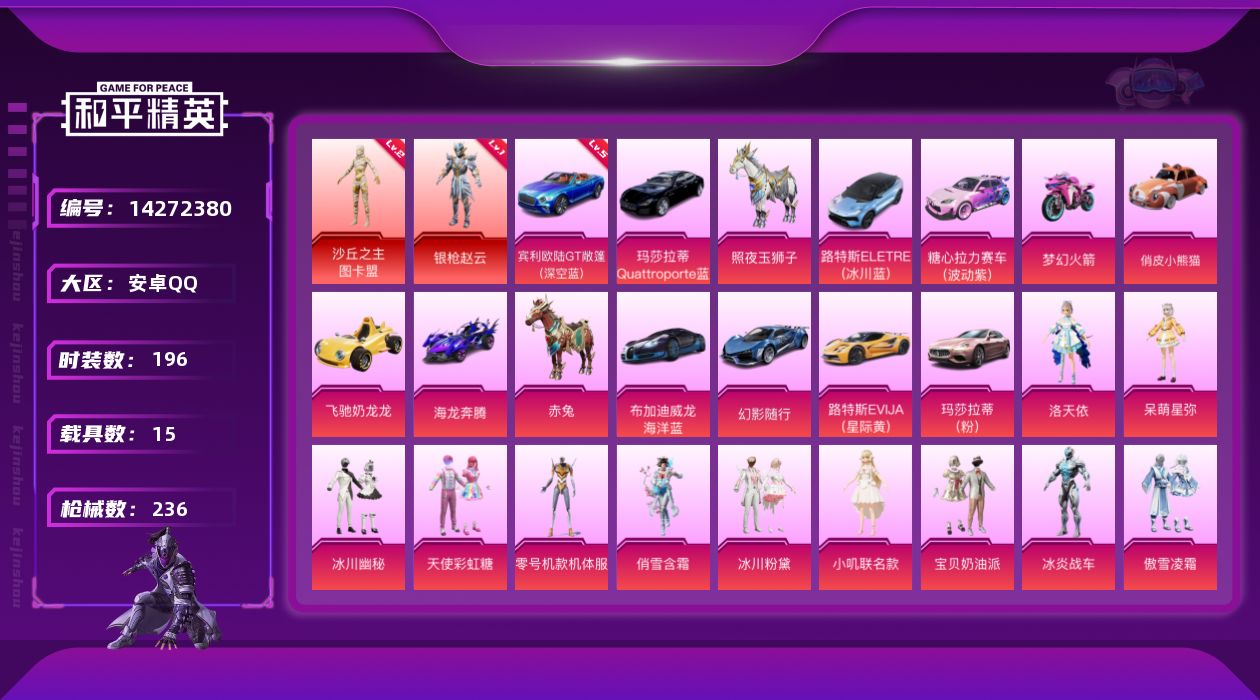 和平精英账号安卓QQ[14272380]可二次【店主推荐捡漏号！可直接换绑】/素材身法号/老木乃伊/宾利欧陆GT敞篷（深空蓝）(五级) 安卓 手Q-2神装-36粉装-13特效枪-15载具-6粉色飞行器-11w热力值-13