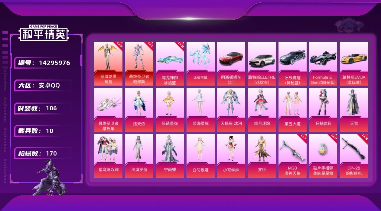和平精英账号安卓QQ[14295976]【店主推荐捡漏号！可直接换绑】/素材身法号 安卓 手Q-2神装-15粉装-15特效枪-10载具-7粉色飞行器-7.1w热力值-6王牌印记-106套装-170枪皮【红色载具】：霜龙神