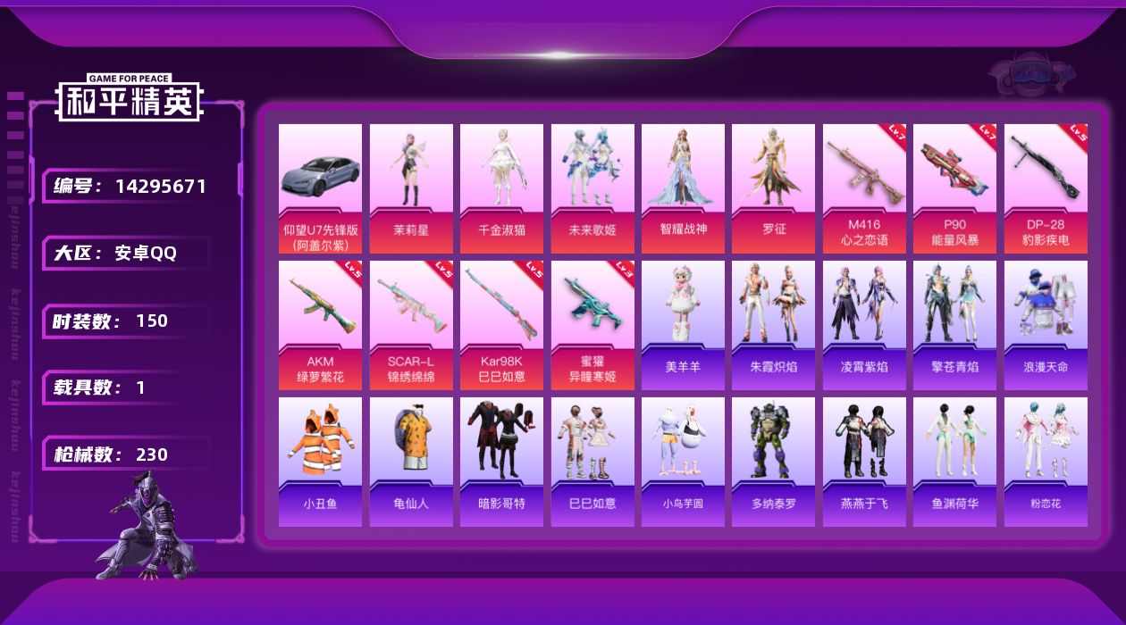 和平精英账号安卓QQ[14295671]地铁满天赋【店主推荐捡漏号！可直接换绑】安卓 手Q-5粉装-9特效枪-1载具-3粉色飞行器-68460热力值-14王牌印记-150套装-230枪皮【热门品类】：套装-浪漫天命，套装