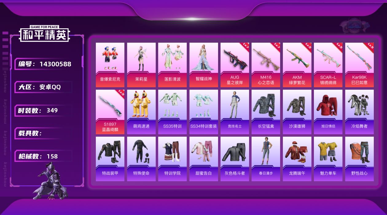 和平精英账号安卓QQ[14300588]4粉装 6特效枪 12印记 可二次 可修改实名 
【热门装扮】:智耀战神,音爆索