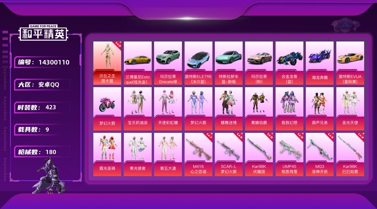 和平精英账号安卓QQ[14300110]1红装 11粉装 8特效枪 9载具 4印记 可二次 可修改实名 
【二级神装】:
