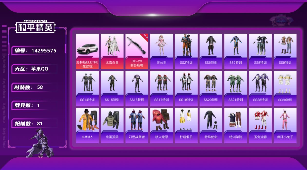 和平精英账号苹果QQ[14295575]可二次【店主推荐捡漏号！可直接换绑】苹果 手Q-1粉装-1特效枪-1载具-0粉色飞行器-23956热力值-4王牌印记-58套装-81枪皮【热门品类】：套装-潮萌小黄鸭【粉色载具】：