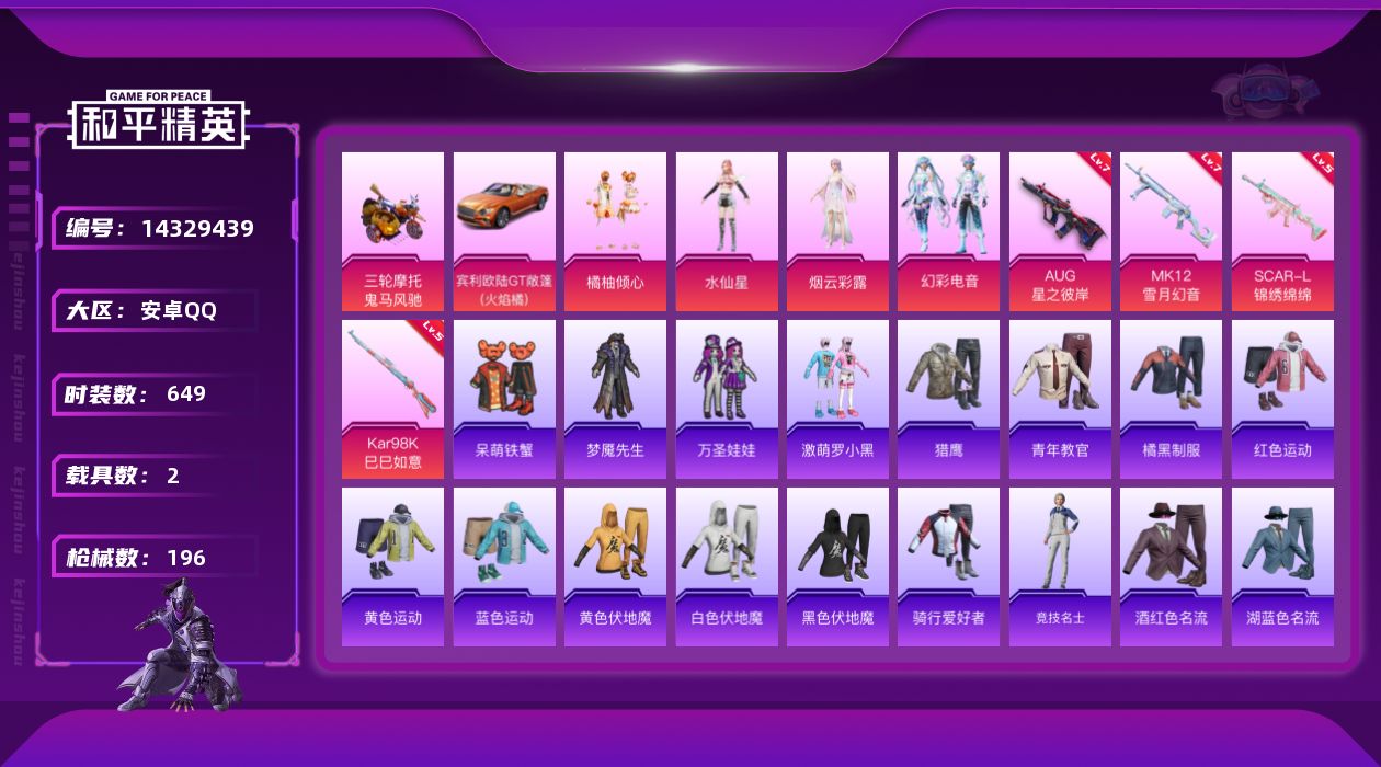 和平精英账号安卓QQ[14329439]4粉装 4特效枪 2载具 14印记 可二次 可修改实名 
【热门装扮】:幻彩电音