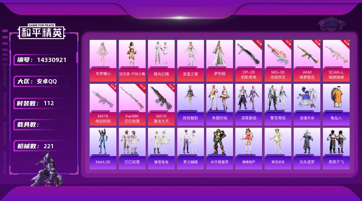 和平精英账号安卓QQ[14330921]【店主推荐捡漏号！可直接换绑】安卓 手Q-5粉装-7特效枪-6粉色飞行器-5.8w热力值-7王牌印记-112套装-221枪皮【热门品类】：套装-浪漫天命，套装-都市猎人，套装-龟仙