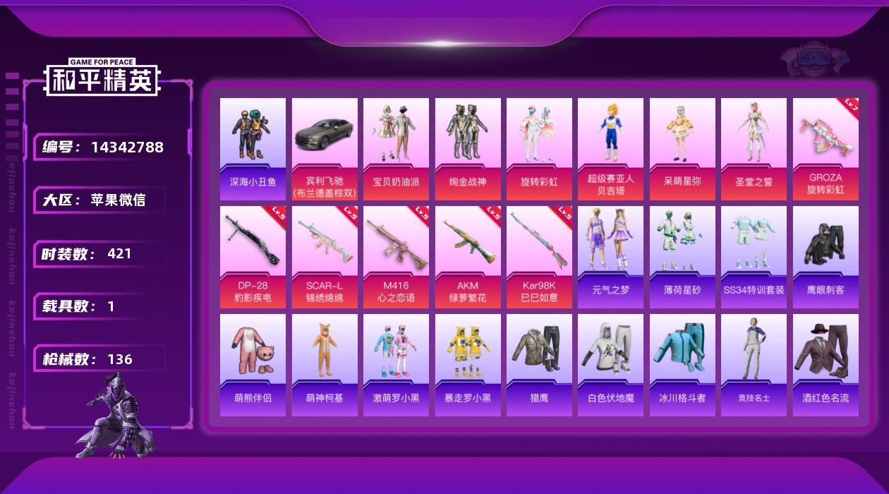 和平精英账号苹果微信1载具-119套装-136枪皮-[]5粉装 6特效枪 1载具 6印记 可二次 可修改实名 
【热门装