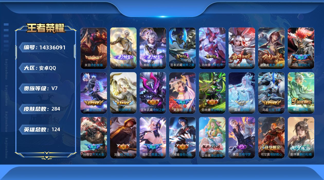 王者荣耀账号安卓QQ[14336091]实名: 可修改 贵族等级: V7 英雄数: 124 皮肤数: 284 荣耀水晶: