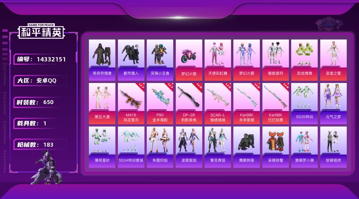 和平精英账号安卓QQ[14332151]6粉装 6特效枪 1载具 8印记 可二次 可修改实名 
【热门装扮】:奇异狩猎者