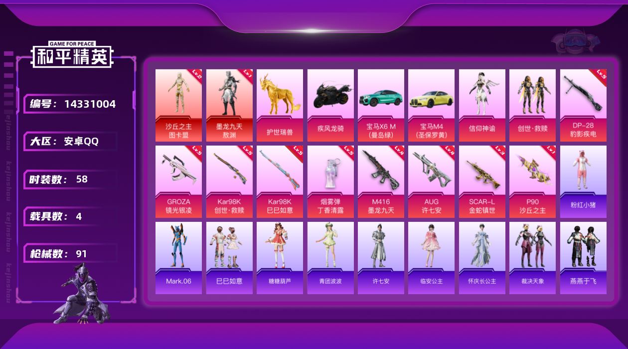 和平精英账号安卓QQ[14331004]【店主推荐捡漏号！可直接换绑】/素材身法号 安卓 手Q-2神装-2粉装-9特效枪-4载具-4粉色飞行器-3.7w热力值-5王牌印记-58套装-91枪皮【红色神装等级】：墨龙九天-敖