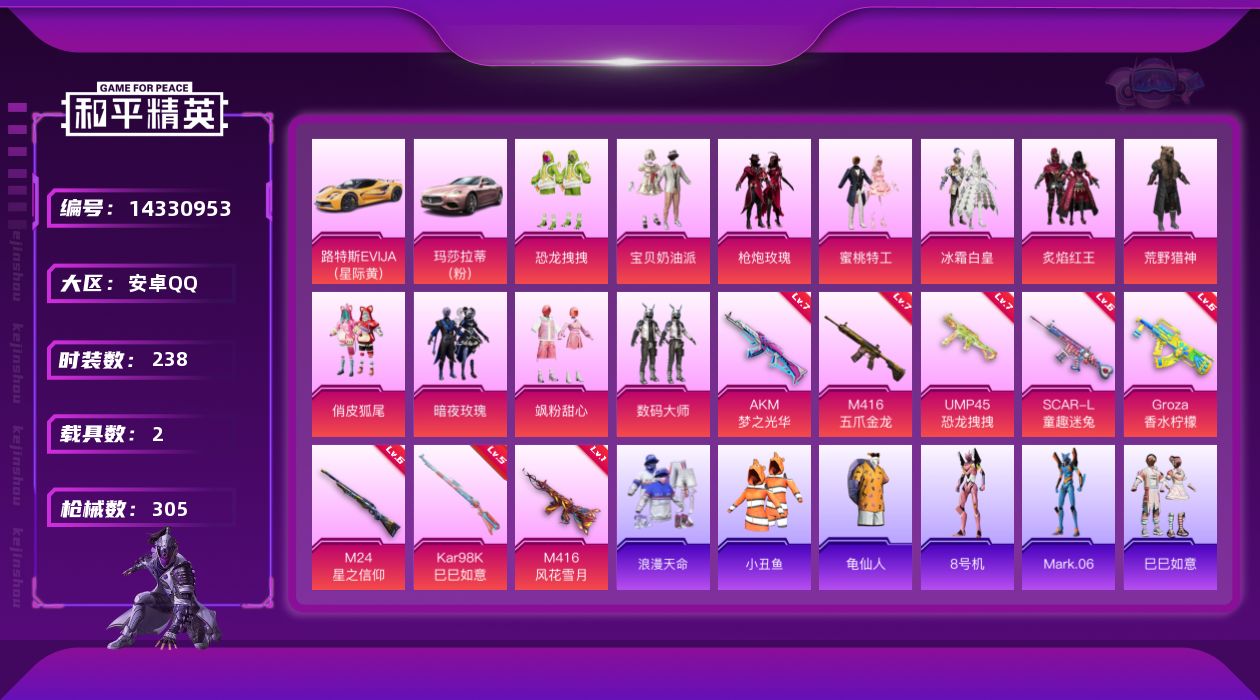 和平精英账号安卓QQ[14330953]可二次【店主推荐捡漏号！可直接换绑】/素材身法号/地铁满天赋 安卓 手Q-12粉装-8特效枪-2载具-2粉色飞行器-10.3w热力值-12王牌印记-238套装-305枪皮【热门品类