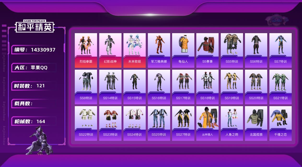 和平精英账号苹果QQ[14330937]可二次【店主推荐捡漏号！可直接换绑】/无敌战神框3 苹果 手Q-无敌战神框-3粉装-1粉色飞行器-4.7w热力值-14王牌印记-121套装-164枪皮【热门品类】：角色-军刀雅典娜