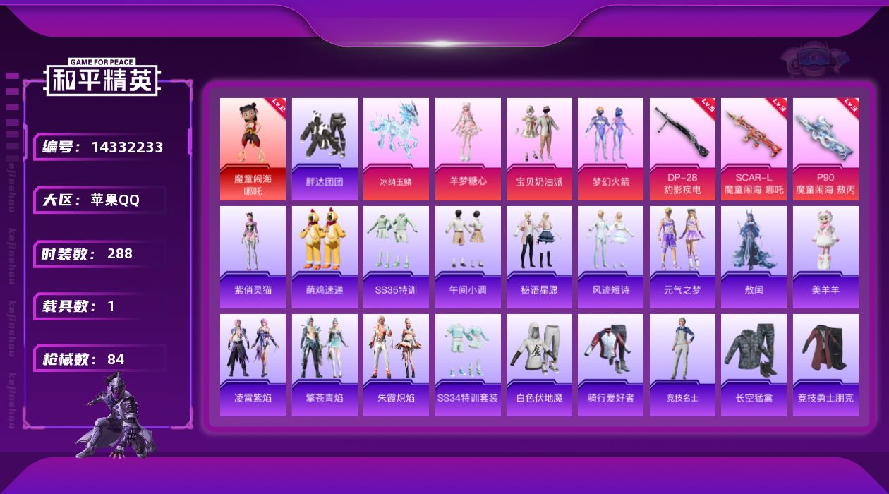 和平精英账号苹果QQ1载具-79套装-84枪皮-[]1红装 3粉装 3特效枪 1载具 4印记 可二次 可修改实名 
【二