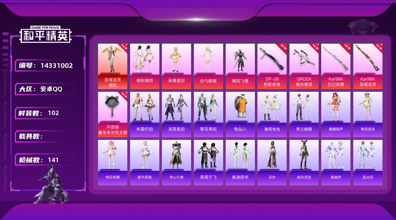 和平精英账号安卓QQ[14331002]【店主推荐捡漏号！可直接换绑】/素材身法号/地铁满天赋 安卓 手Q-1神装-4粉装-5特效枪-2粉色飞行器-4w热力值-7王牌印记-102套装-141枪皮【红色神装等级】：圣域龙灵