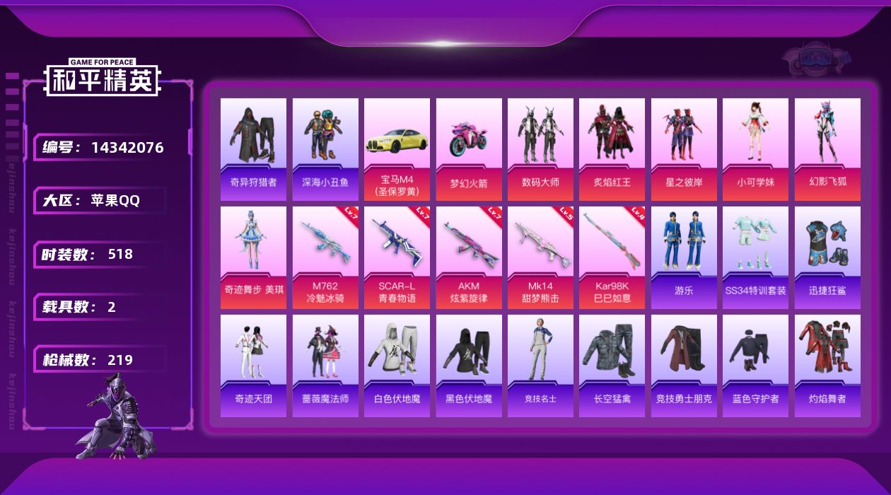 和平精英账号苹果QQ[14342076]6粉装 5特效枪 2载具 15印记 可二次 可修改实名 战神框
【热门装扮】:奇