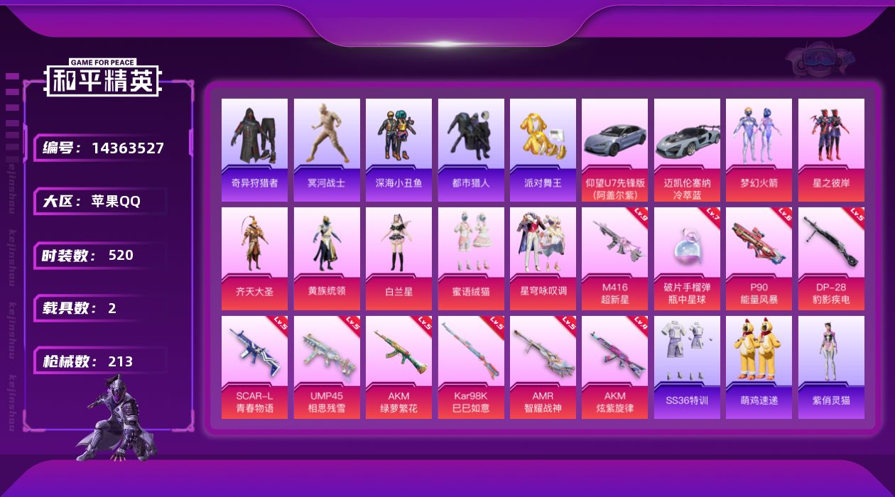 和平精英账号苹果QQ[14363527]DAS7701 可二次 苹果Q-8稀有2载具7粉装10特效枪16热门131套装213枪皮 69257热力值 11印记 历史无敌战神  SS30无敌战神 木乃伊 都市猎人 浪漫天命 