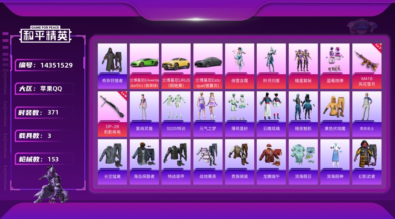 和平精英账号苹果QQ[14351529]4粉装 2特效枪 3载具 5印记 可二次 可修改实名 
【热门装扮】:奇异狩猎者