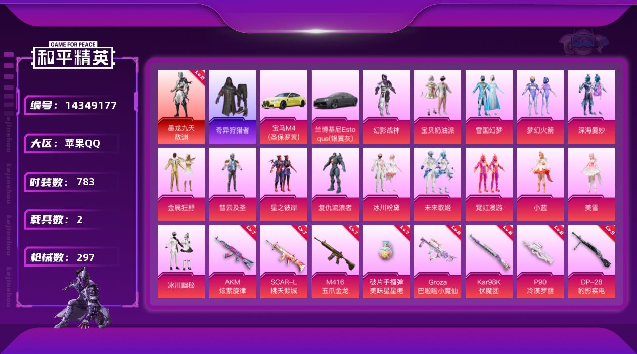 和平精英账号苹果QQ2载具-222套装-297枪皮-[]1红装 15粉装 12特效枪 2载具 21印记 可二次 可修改实