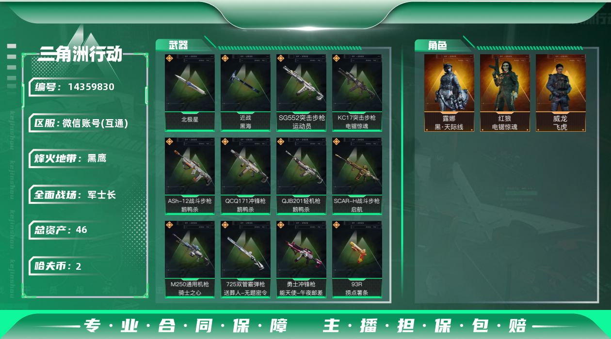 三角洲行动账号VX[14359830]总资产:46.2M 3干员外观 2近战传说 27传说枪械 哈夫币:2.185K 