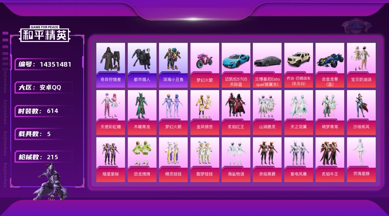 和平精英账号安卓QQ[14351481]22粉装 13特效枪 5载具 12印记 可二次 可修改实名 
【热门装扮】:奇异