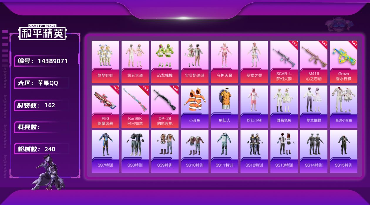 和平精英账号苹果QQ[14389071]【店主推荐捡漏号！可直接换绑】/素材身法号/无敌战神框/绝世印记1 苹果 手Q-无敌战神框-6粉装-6特效枪-4粉色飞行器-7.7w热力值-25王牌印记-162套装-248枪皮【热