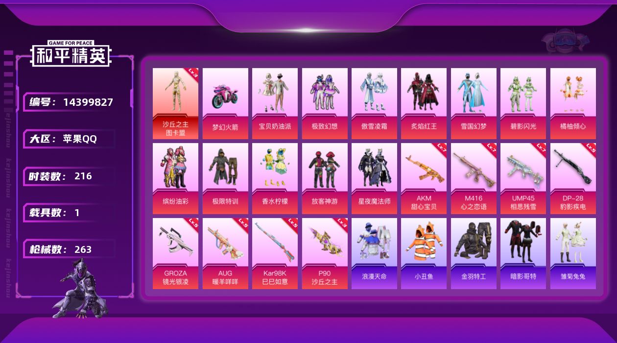 和平精英账号苹果QQ[14399827]"DFZ64 可二次 苹果Q-1红装6稀有1载具13粉装8特效枪34热门216套装263枪皮 96754热力值 9印记 历史传奇王牌18星 沙丘之主-图卡盟 (3级) 奇异狩猎者 