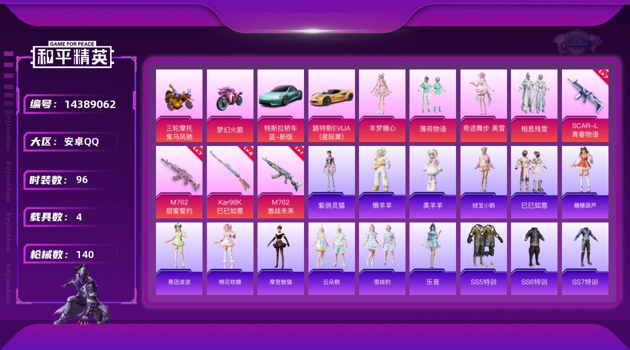 和平精英账号安卓QQ[14389062]可二次【店主推荐捡漏号！可直接换绑】 安卓 手Q-5粉装-4特效枪-4载具-1粉色飞行器-4.5w热力值-3王牌印记-96套装-140枪皮【热门品类】：粉装-梦幻火箭【粉色载具】：