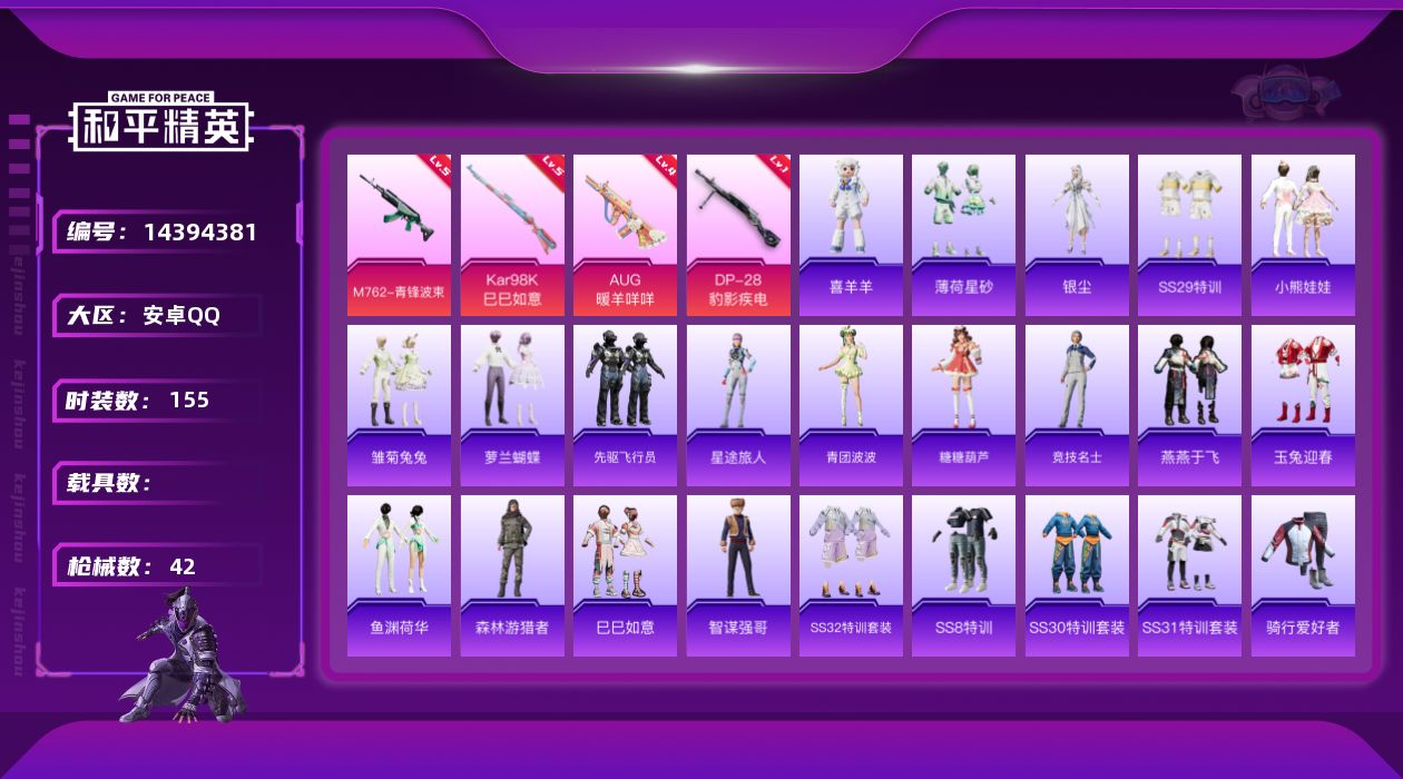 和平精英账号安卓QQ[14394381]实名: 可修改 时装数: 35 枪械数: 42 战备数: 46 稀有枪皮: AU