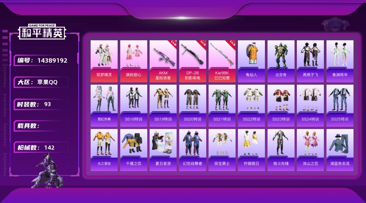 和平精英账号苹果QQ[14389192]可二次【店主推荐捡漏号！可直接换绑】 苹果 手Q-2粉装-3特效枪-4粉色飞行器-4.2w热力值-2王牌印记-93套装-142枪皮【热门品类】：套装-龟仙人【粉色套装】：粉装-筑梦