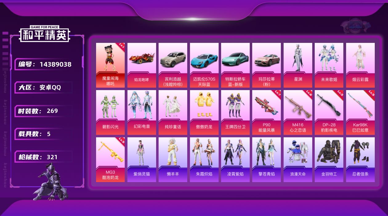 和平精英账号安卓QQ[14389038]可二次【店主推荐捡漏号！可直接换绑】/素材身法号/绝世印记1 安卓 手Q-1神装-9粉装-5特效枪-5载具-3粉色飞行器-10.7w热力值-19王牌印记-269套装-321枪皮【红