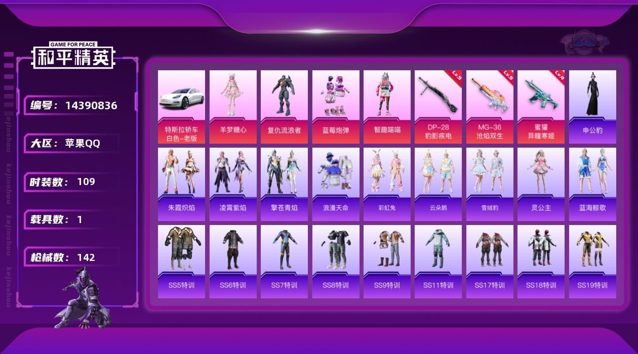 和平精英账号苹果QQ[14390836]DAS6146  苹果Q-可二次1稀有1载具4粉装3特效枪11热门109套装14