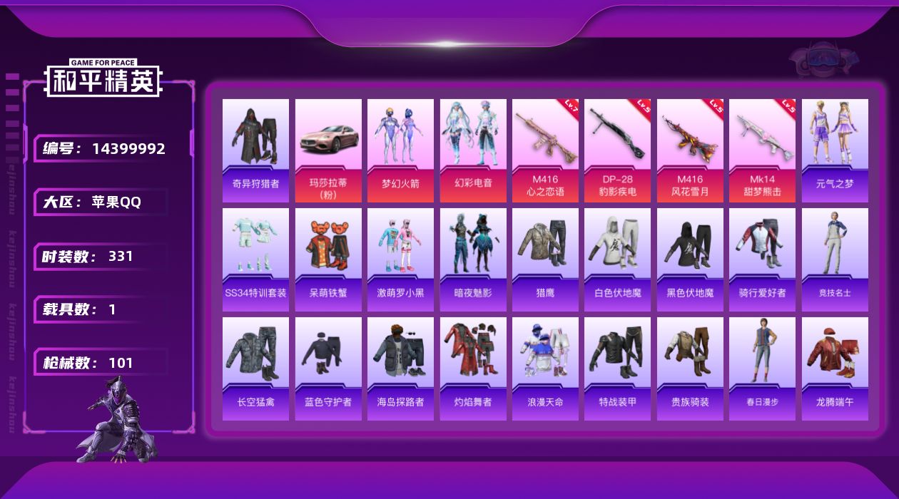 和平精英账号苹果QQ[14399992]2粉装 4特效枪 1载具 3印记 可二次 可修改实名 
【热门装扮】:奇异狩猎者