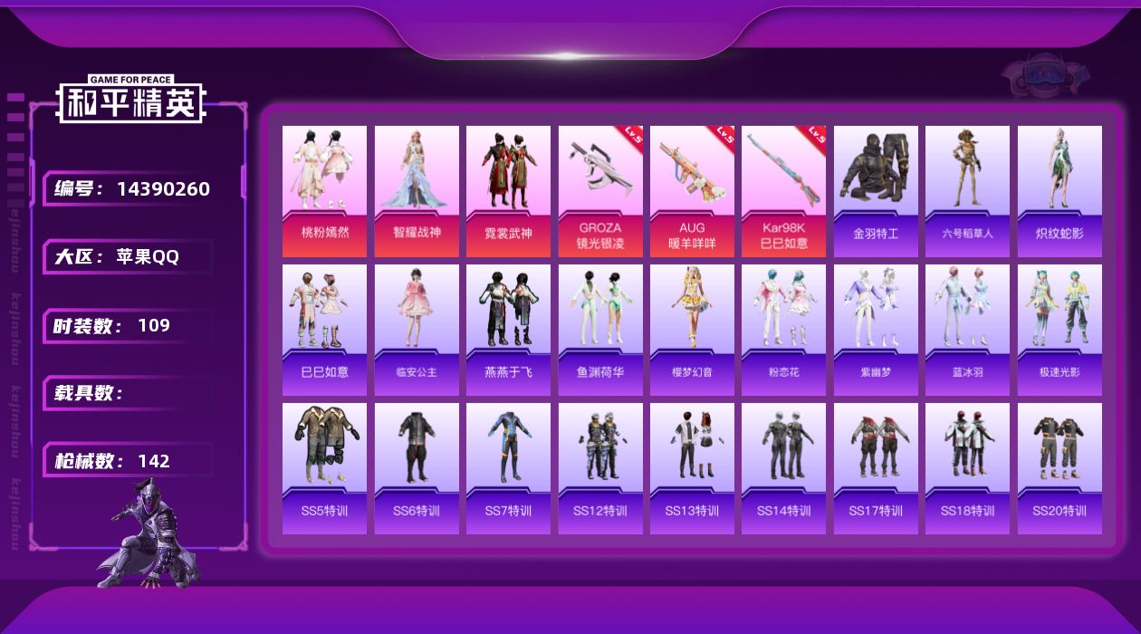 和平精英账号苹果QQ[14390260]【店主推荐捡漏号！可直接换绑】 苹果 手Q-4粉装-3特效枪-1粉色飞行器-4.1w热力值-3王牌印记-109套装-142枪皮【热门品类】：粉装-梦幻火箭，套装-金羽特工，角色-六