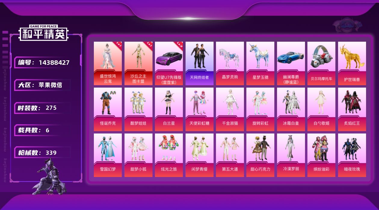 和平精英账号苹果微信[14388427]老101/地铁满天赋可二次【店主推荐捡漏号！可直接换绑】苹果 微信-无敌战神框-2神装-25粉装-13特效枪-6载具-10粉色飞行器-133006热力值-17王牌印记-275套装-