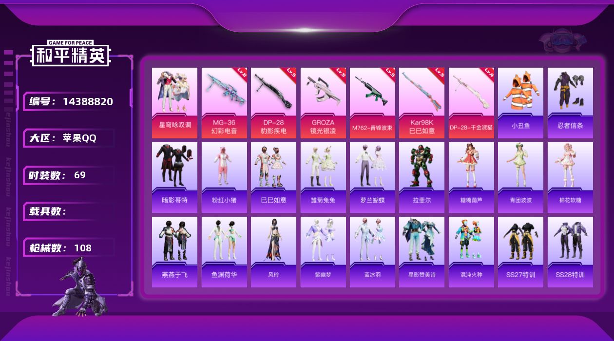 和平精英账号苹果QQ[14388820]可二次【店主推荐捡漏号！可直接换绑】/地铁满天赋 苹果 手Q-2粉装-6特效枪-1粉色飞行器-2.8w热力值-4王牌印记-69套装-108枪皮【热门品类】：粉装-梦幻火箭，套装-小