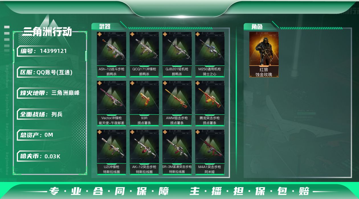 三角洲行动账号QQ[14399121]总资产:189.3M 1干员外观  13传说枪械 顶级安全箱(3×3)11.11