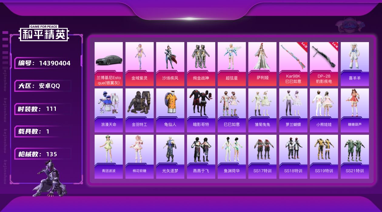 和平精英账号安卓QQ[14390404]【店主推荐捡漏号！可直接换绑】/无敌战神框1/地铁满天赋 安卓 手Q-无敌战神框-5粉装-2特效枪-1载具-1粉色飞行器-4.1w热力值-9王牌印记-111套装-135枪皮【热门品