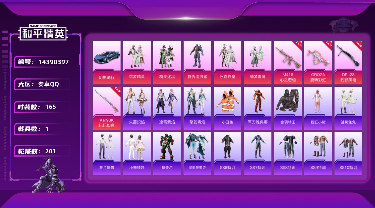 和平精英账号安卓QQ[14390397]【店主推荐捡漏号！可直接换绑】/素材身法号/无敌战神框1 安卓 手Q-无敌战神框-5粉装-4特效枪-1载具-2粉色飞行器-6.9w热力值-16王牌印记-165套装-201枪皮【热门