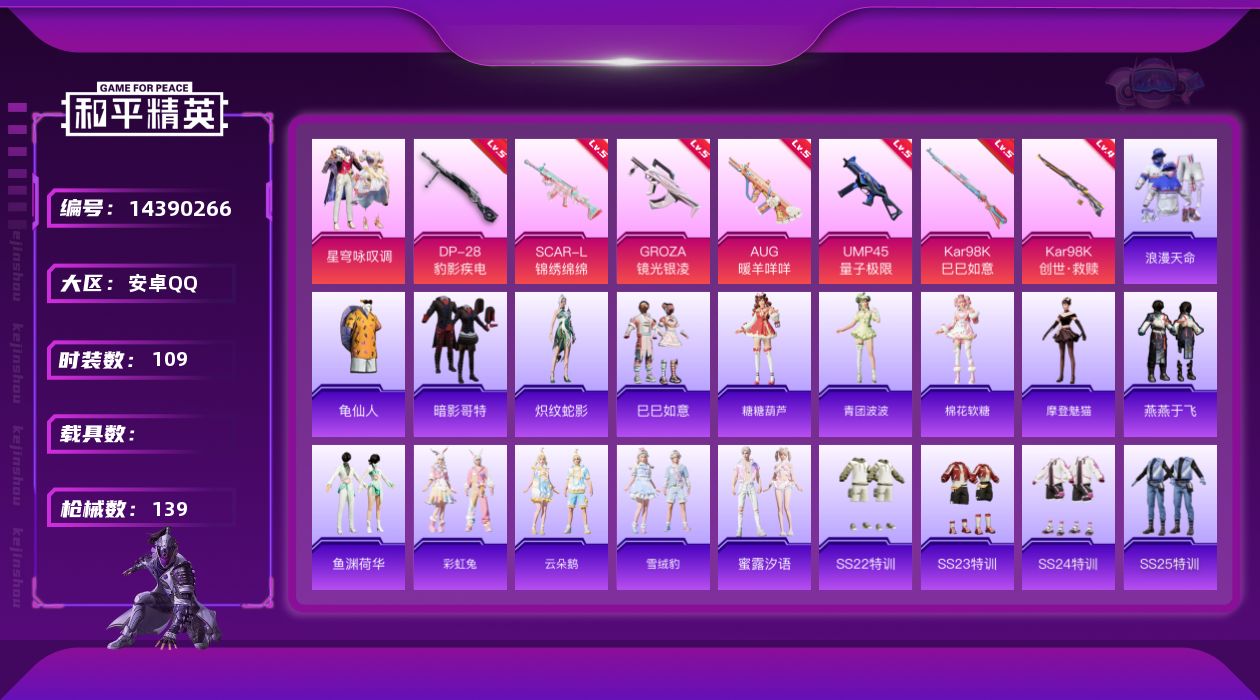和平精英账号安卓QQ[14390266]【店主推荐捡漏号！可直接换绑】地铁满天赋 安卓 手Q-1粉装-8特效枪-1粉色飞行器-4.1w热力值-9王牌印记-109套装-139枪皮【热门品类】：套装-浪漫天命，套装-龟仙人，
