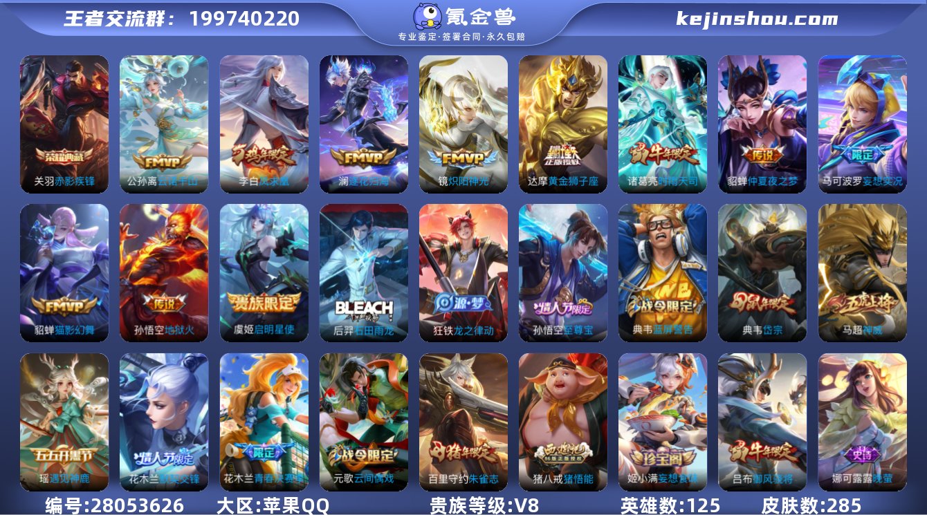 V8 1典藏 11传说 1星元 285皮肤...