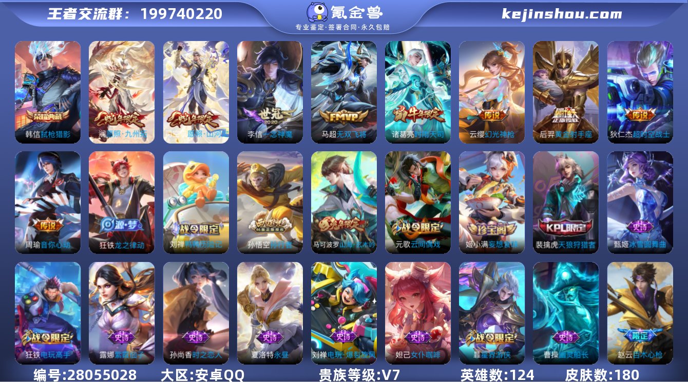 贵族V7 荣耀典藏1 传说皮肤9 史诗皮肤...