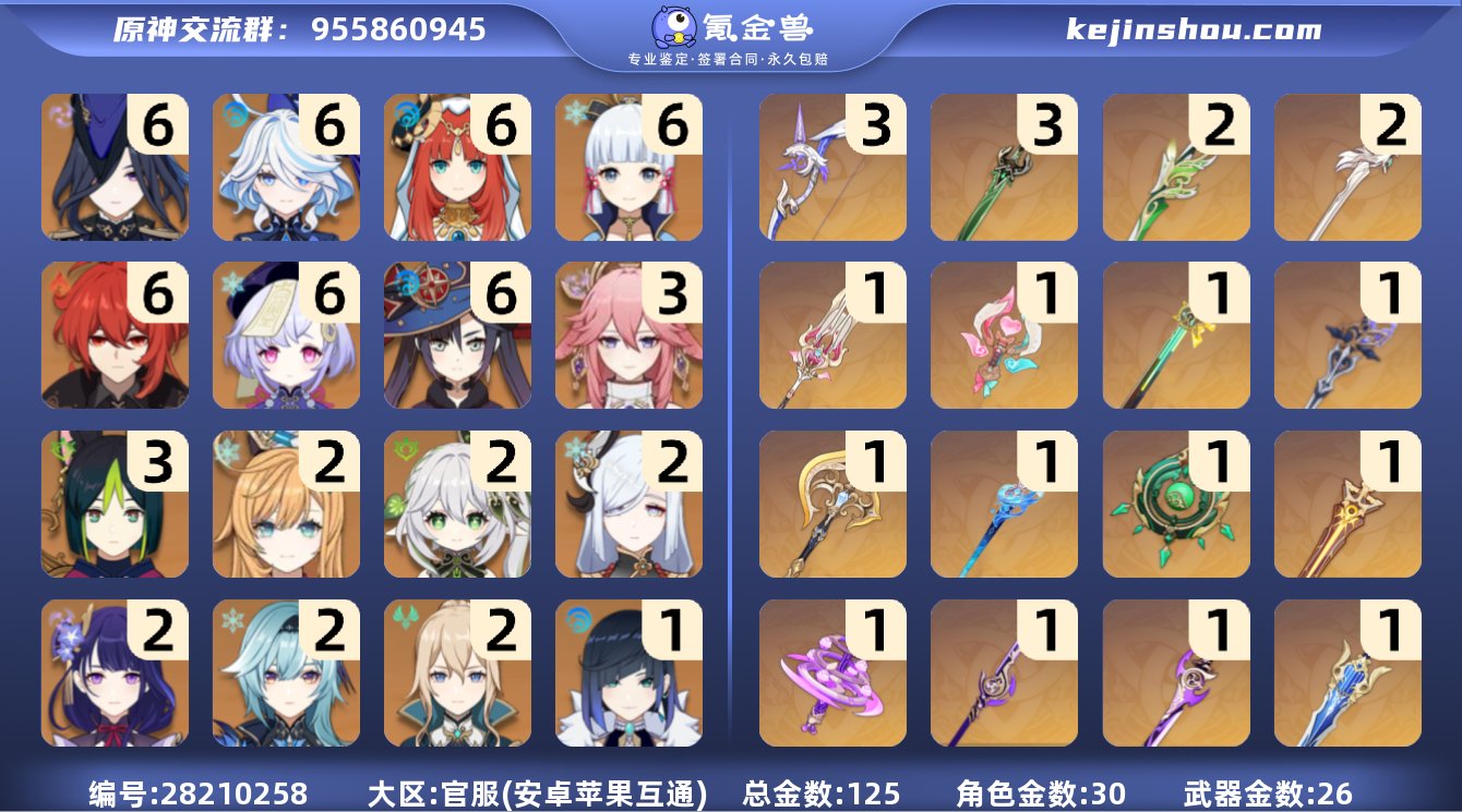 60级/125黄/女主/30个五星角色
满...