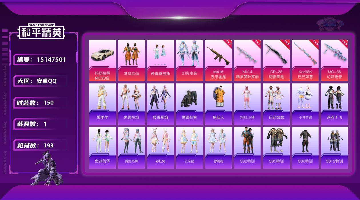 和平精英账号安卓QQ[15147501]【店主推荐捡漏号！可直接换绑】安卓 手Q-3粉装-5特效枪-1载具-2粉色飞行器-6.1w热力值-9王牌印记-150套装-193枪皮【热门品类】：套装-龟仙人，套装-粉红小猪【粉色