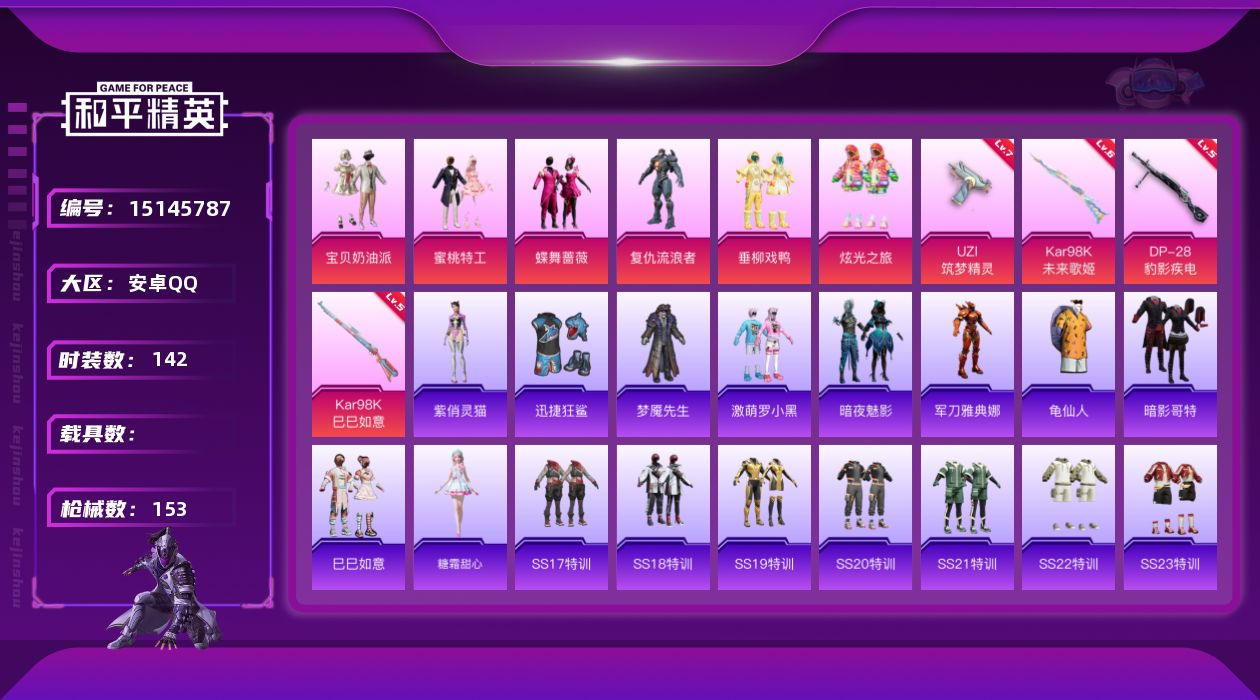 和平精英账号安卓QQ[15145787]可二次【店主推荐捡漏号！可直接换绑】安卓 手Q-6粉装-4特效枪-0载具-2粉色飞行器-49522热力值-5王牌印记-142套装-153枪皮
【热门品类】：角色-军刀雅典娜，套装-