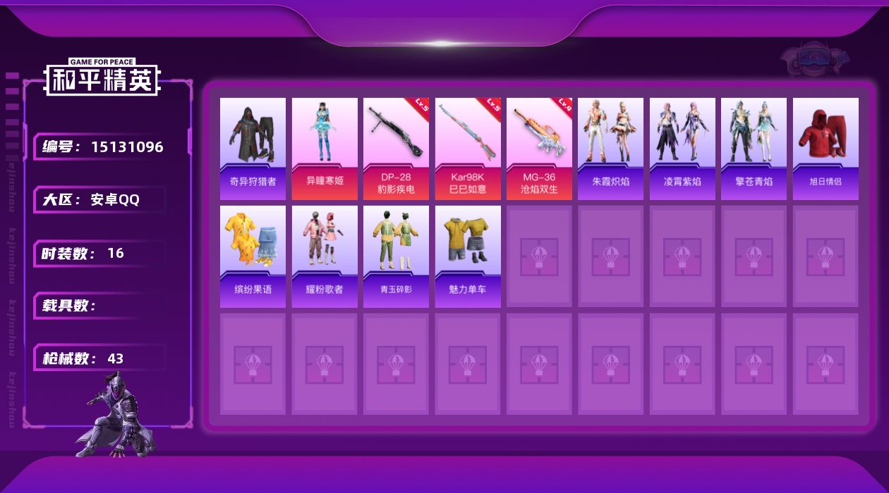 和平精英账号安卓QQ[15131096]【店主推荐捡漏号！可直接换绑】 安卓 手Q-1粉装-3特效枪-1w热力值-1王牌印记-16套装-43枪皮【热门品类】：套装-奇异狩猎者【粉色套装】：角色-异瞳寒姬【粉色枪皮等级】：