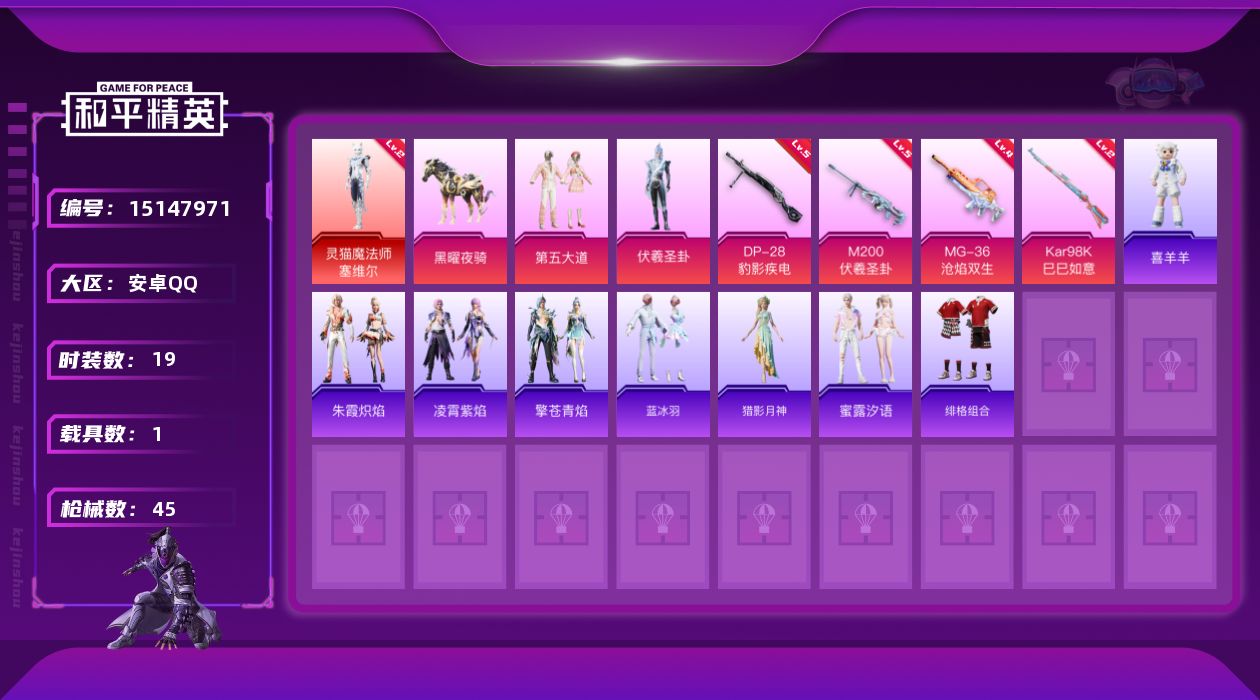 和平精英账号安卓QQ[15147971]【店主推荐捡漏号！可直接换绑】/素材身法号 安卓 手Q-1神装-2粉装-4特效枪-1载具-2粉色飞行器-1.5W热力值-1王牌印记-19套装-45枪皮【红色神装等级】：灵猫魔法师-