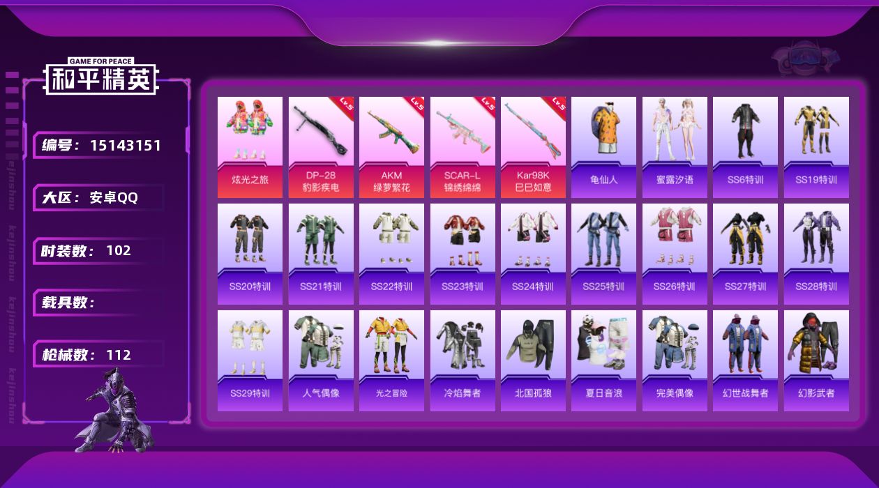 和平精英账号安卓QQ[15143151]【店主推荐捡漏号！可直接换绑】 安卓 手Q-1粉装-4特效枪-1粉色飞行器-3.1w热力值-7王牌印记-102套装-112枪皮【热门品类】：套装-龟仙人【粉色套装】：粉装-炫光之旅