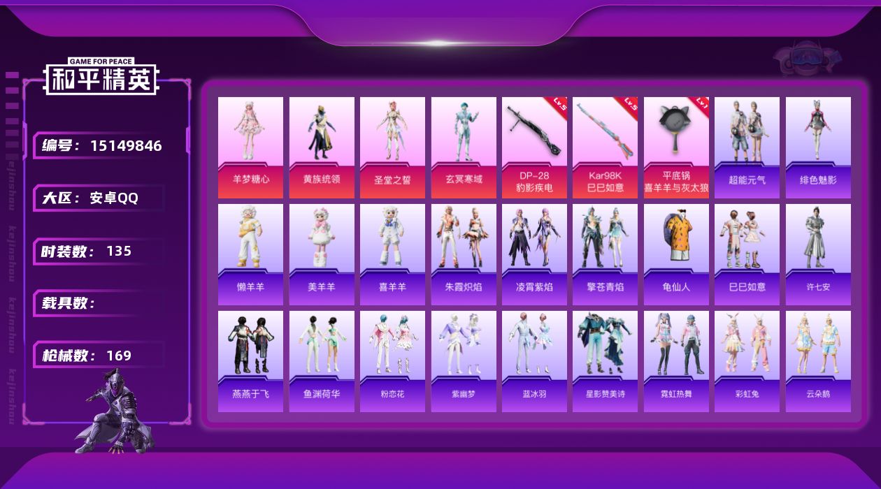 和平精英账号安卓QQ[15149846]【特价出售/店主推荐】 安卓 手Q-4粉装-3特效枪-0载具-2粉色飞行器-49484热力值-14王牌印记-135套装-169枪皮
【热门品类】：套装-龟仙人
【粉色套装】：粉装-