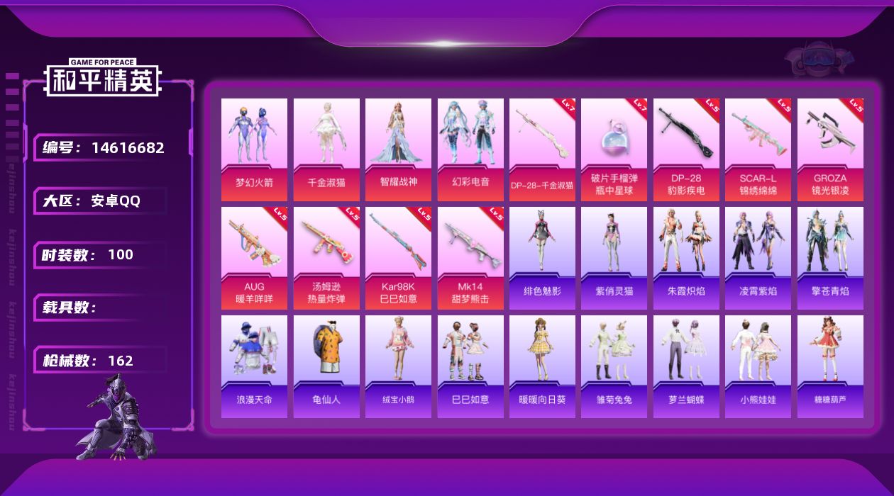 和平精英账号安卓QQ[14616682]可二次【店主推荐捡漏号！可直接换绑】/绝世印记2/地铁满天赋 安卓 手Q-5粉装-9特效枪-2粉色飞行器-4.8w热力值-7王牌印记-100套装-162枪皮【热门品类】：粉装-梦幻